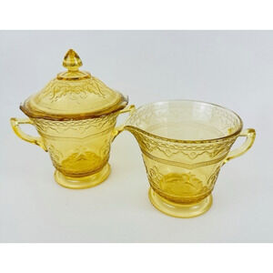 Federal Glass Patrician Amber Footed Creamer & Sugar Bowl w/lid Amber, Dep Glass